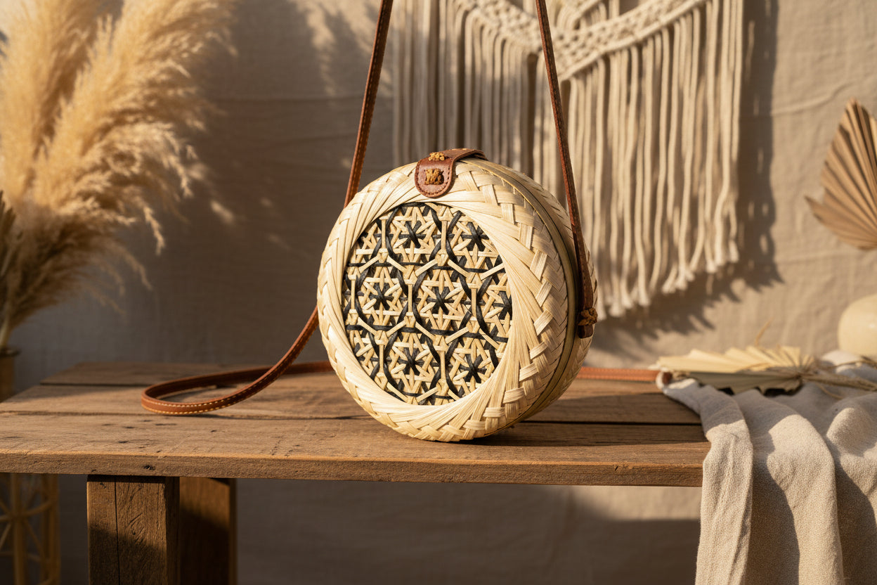 Boho-Strohtasche „Sun-Circle“ – Handgeflochtene Rundtasche