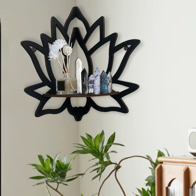 Wooden Lotus Hollow Decorative Rack – Wandregal für Aromatherapie, ätherische Öle & Kerzenhalter im Boho-Stil