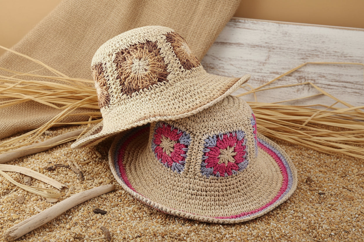 Boho Häkel-Strohhut mit Blumenmuster – Handgefertigter Sonnenhut mit breiter Krempe & Granny Square Akzenten