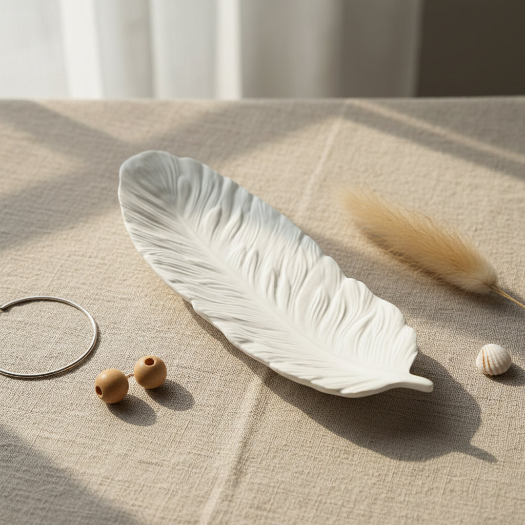 Boho Gips-Dekotablett Feder & Flügel – Ästhetische Schmuckablage & Fotorequisiten für Beauty & Accessoires