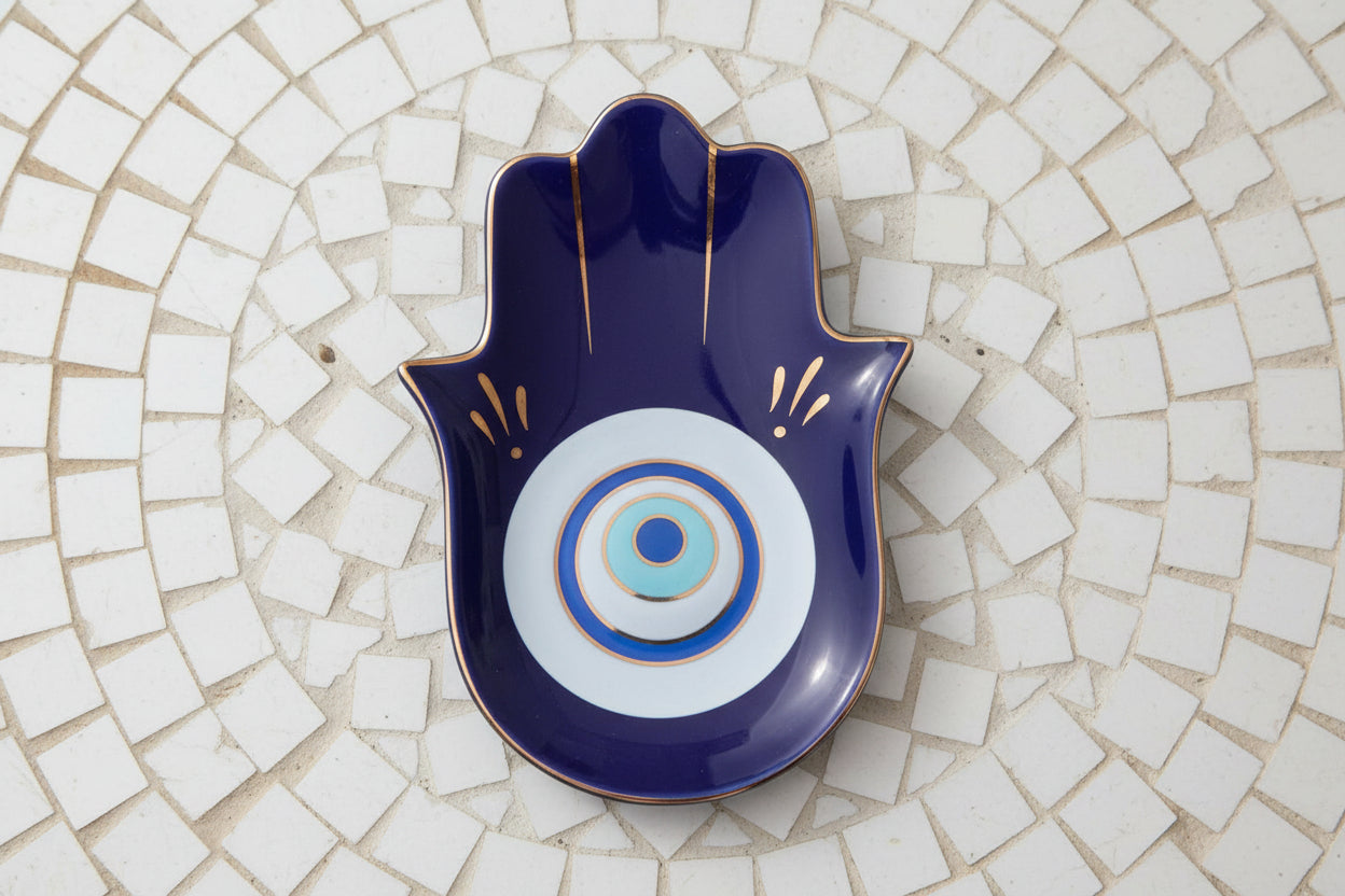 Hamsa Hand Dekoschale Schwarz & Gold – Schutzsymbol "Auge" als Schmuckablage für dein Boho-Home