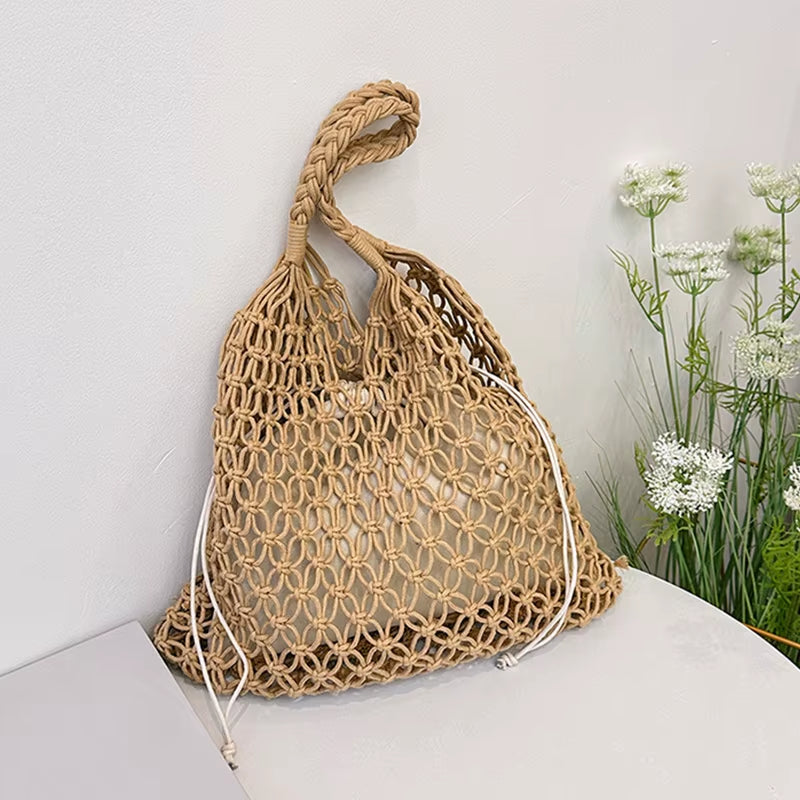 Handgemachte Sommer Woven Bag für Damen – Boho Schultertasche aus Strick mit Hohlraum Design, Große Strand- & Shopping-Tasche