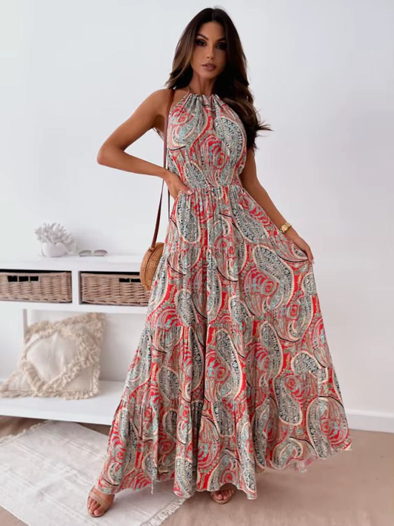 Summer Vibes: Sexy Floral Halter Maxi Dress – Bohemian Backless Beach Dress mit Rüschen und Großem Saum