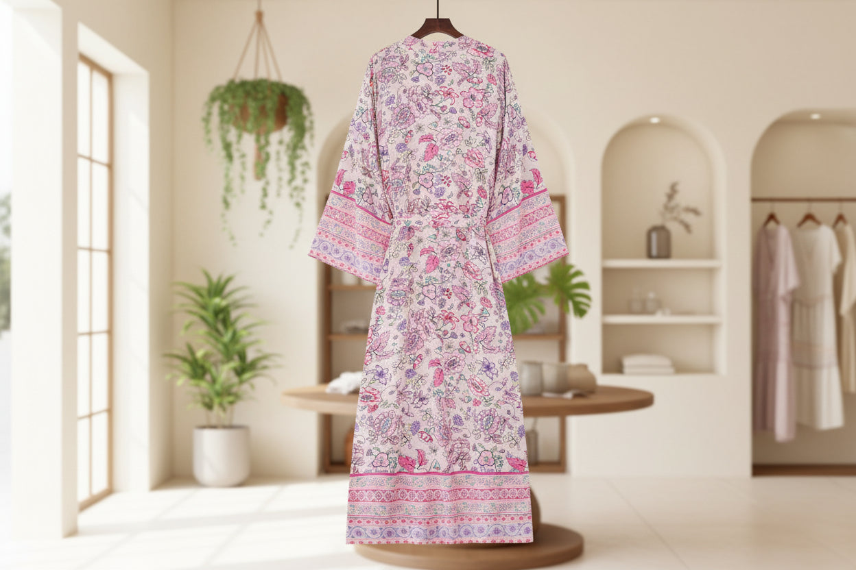 Floral Muse: Boho-Resort-Kimono aus reiner Baumwolle mit romantischem Print