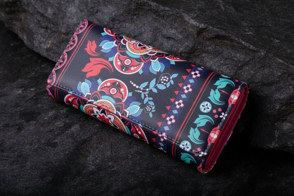 Vintage Boho-Portemonnaie – Elegante Lang-Börse mit floralem Paisley-Print