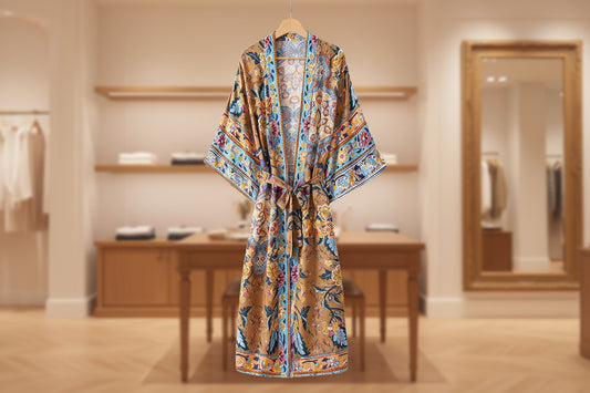 Boho Radiance: Langer Baumwoll-Kimono mit Paisley-Print & Vintage-Flair