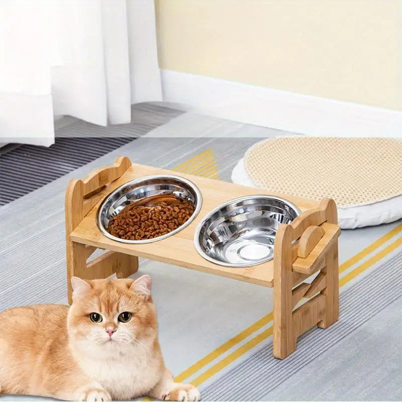 Bambus-Futternapfhalter für Hunde und Katzen – Doppelter Edelstahl-Bowl-Stand mit Futterrack