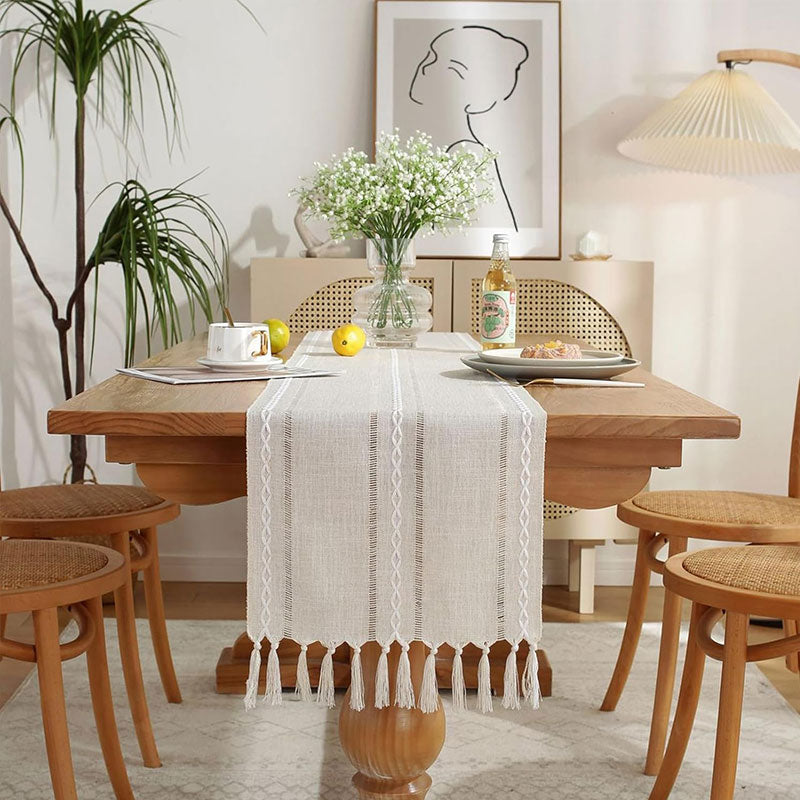 Handgewebter Tischläufer in Leinen-Optik – Boho Tischband mit Quasten für Esstisch & Landhaus-Deko