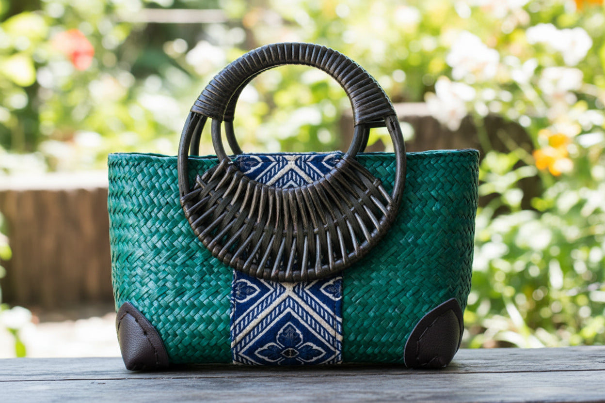 Thai Heritage: Handgeflochtene Boho-Tasche aus Naturfasern mit Ethno-Details