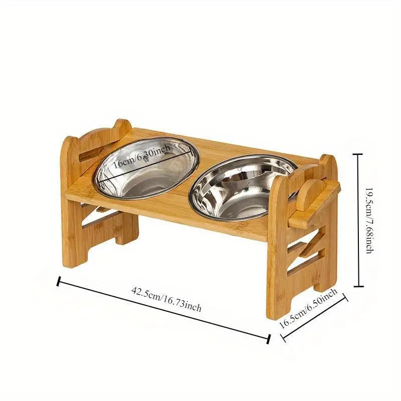 Bambus-Futternapfhalter für Hunde und Katzen – Doppelter Edelstahl-Bowl-Stand mit Futterrack