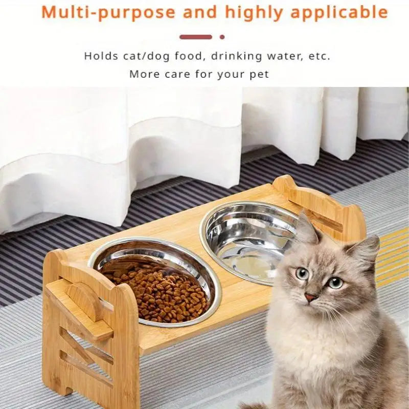 Bambus-Futternapfhalter für Hunde und Katzen – Doppelter Edelstahl-Bowl-Stand mit Futterrack