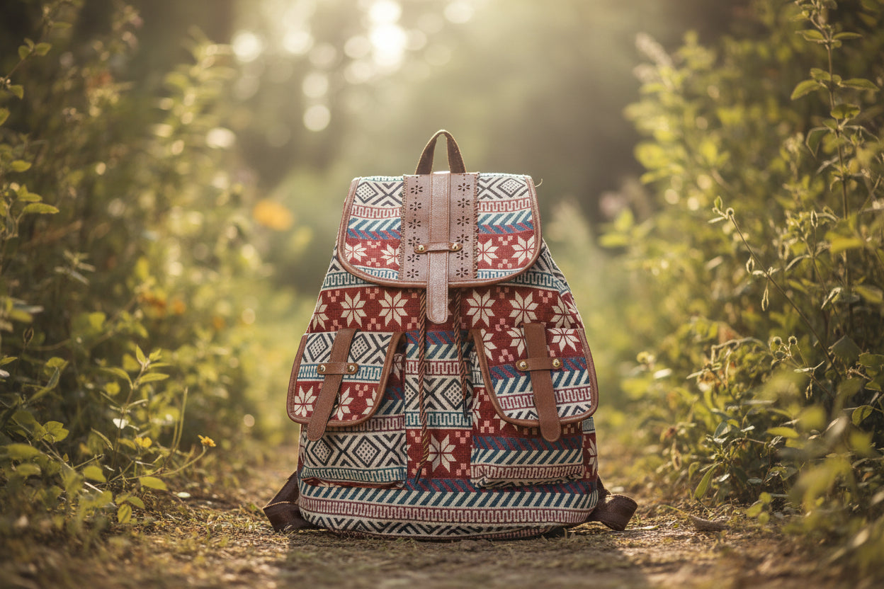 Ethnic Soul: Vintage Boho-Rucksack mit kunstvollem Webmuster & PU-Leder Details