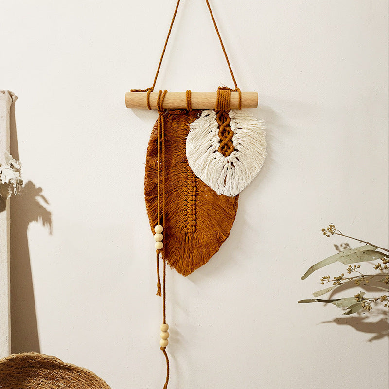 Makramee-Wandbehang „Duo-Blatt“ mit Holzperlen