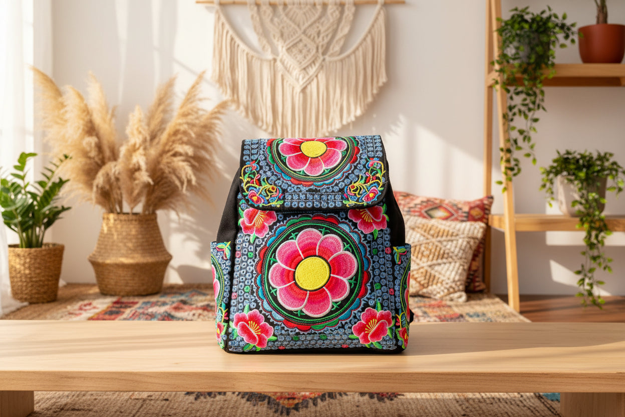 Midnight Blossom – Bestickter Vintage-Rucksack aus Baumwoll-Segeltuch