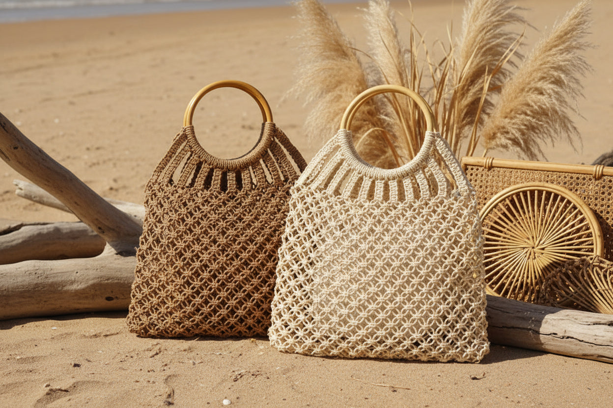 Ocean Net Tote: Handgeknüpfte Baumwolltasche mit Echtholz-Griffen