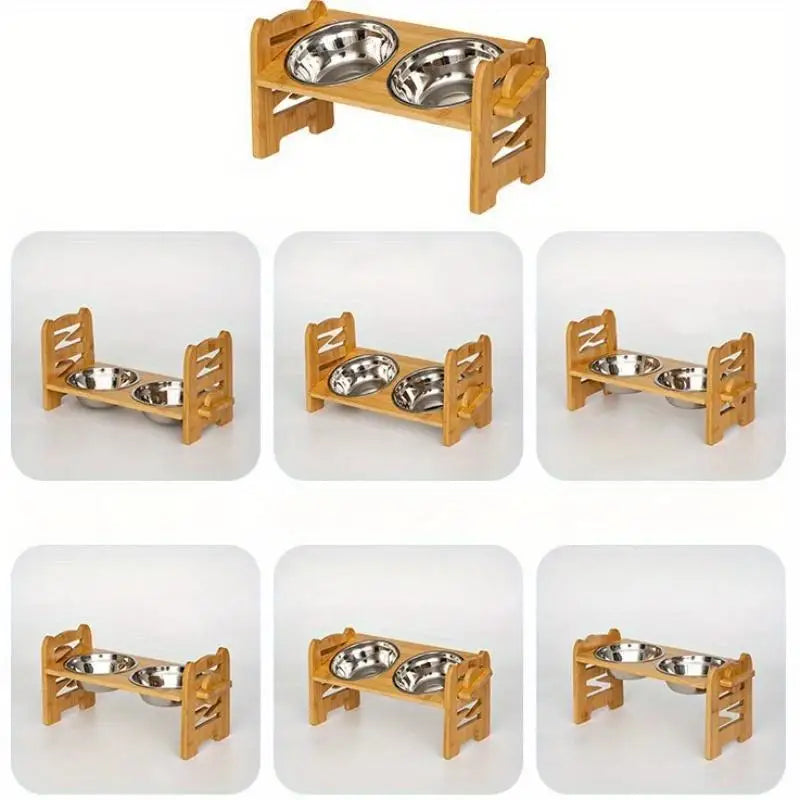 Bambus-Futternapfhalter für Hunde und Katzen – Doppelter Edelstahl-Bowl-Stand mit Futterrack