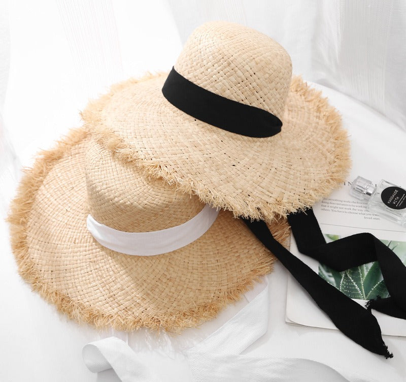 Lafite Strohhut mit breiter Krempe – Eleganter XL-Sonnenhut aus Naturgras mit Kontrastband für Strand & Urlaub