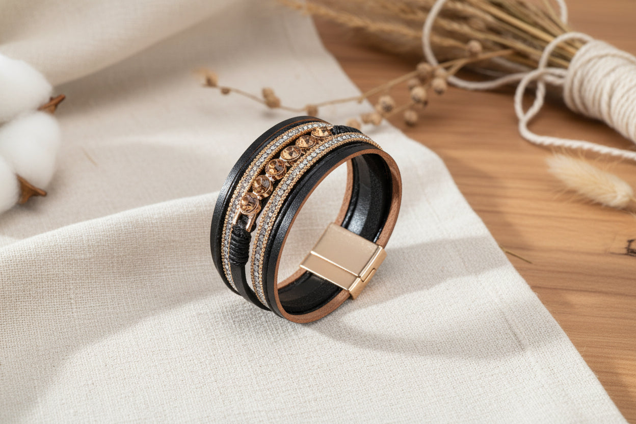 Crystal Layer: Mehrlagiges Boho-Lederarmband mit Metallbesatz