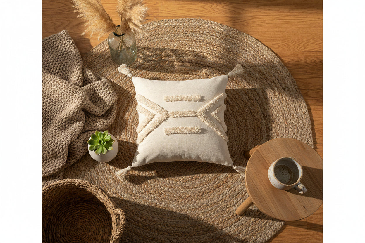 Creamy Texture – Boho-Kissenbezug mit Quasten-Details