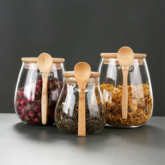 Vorratsglas-Set „Pure Bamboo“ – Stilvolle Glasbehälter mit Holzlöffel