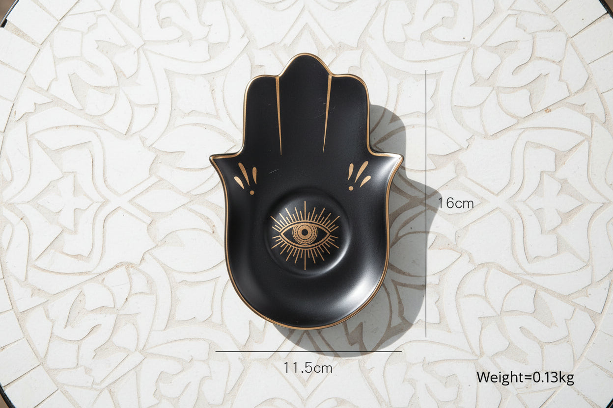 Hamsa Hand Dekoschale Schwarz & Gold – Schutzsymbol "Auge" als Schmuckablage für dein Boho-Home