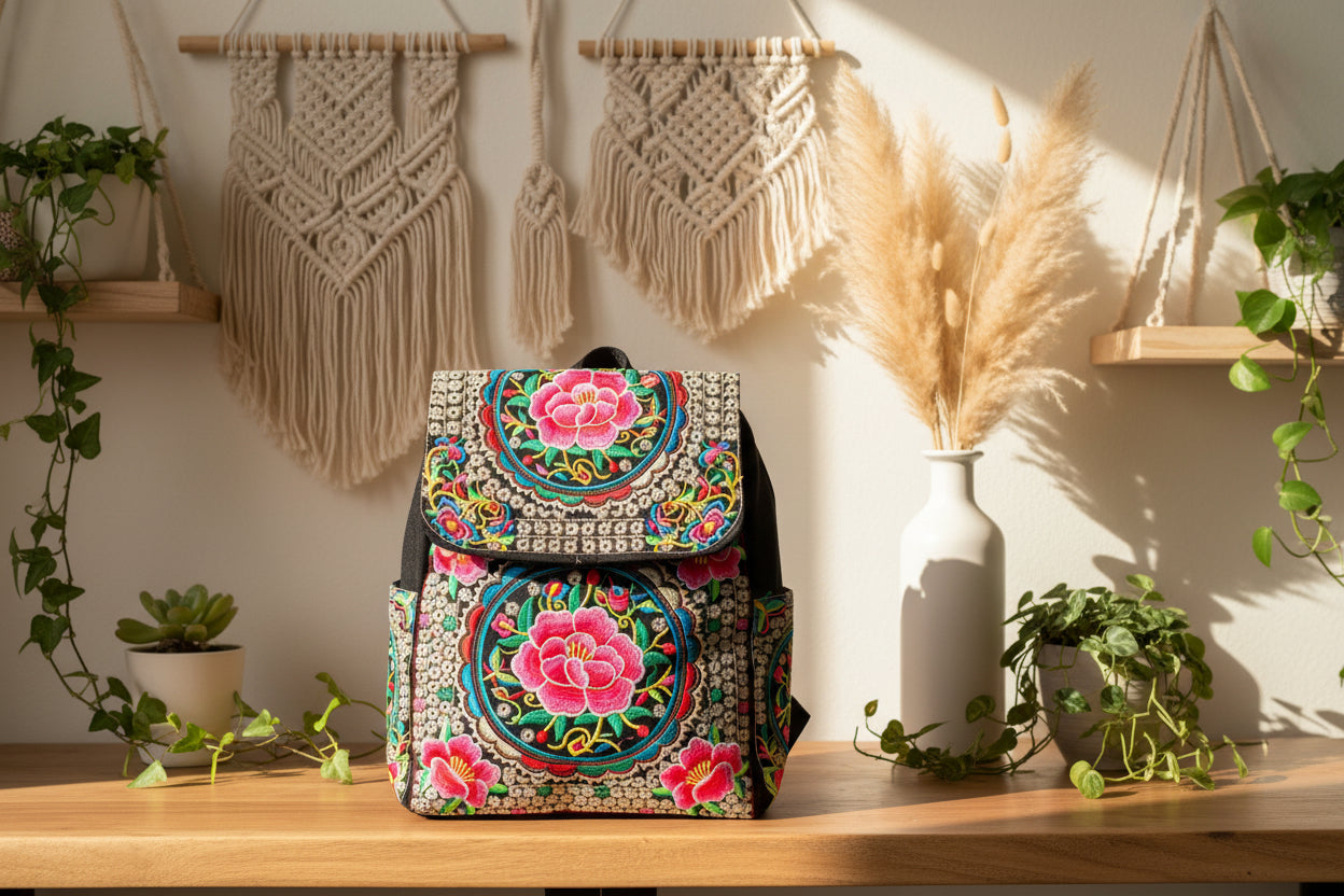 Midnight Blossom – Bestickter Vintage-Rucksack aus Baumwoll-Segeltuch