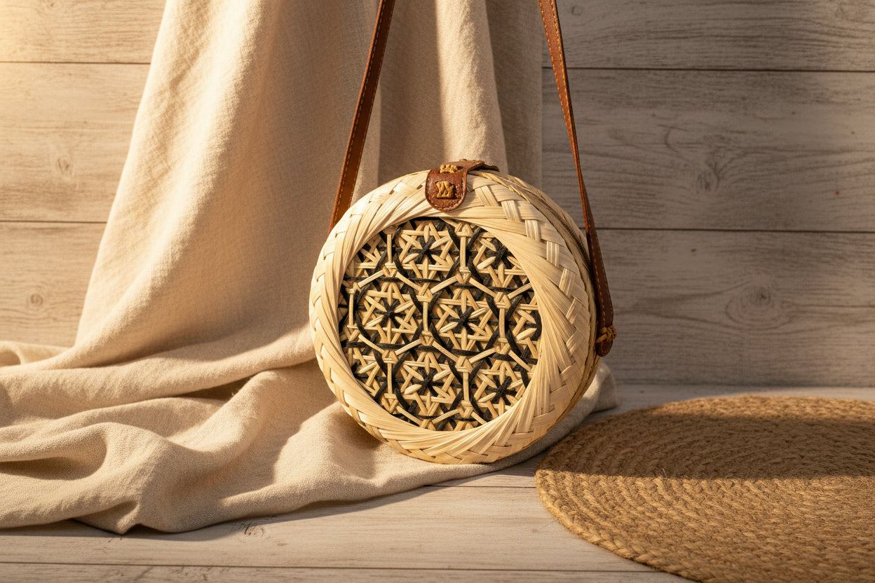 Boho-Strohtasche „Sun-Circle“ – Handgeflochtene Rundtasche