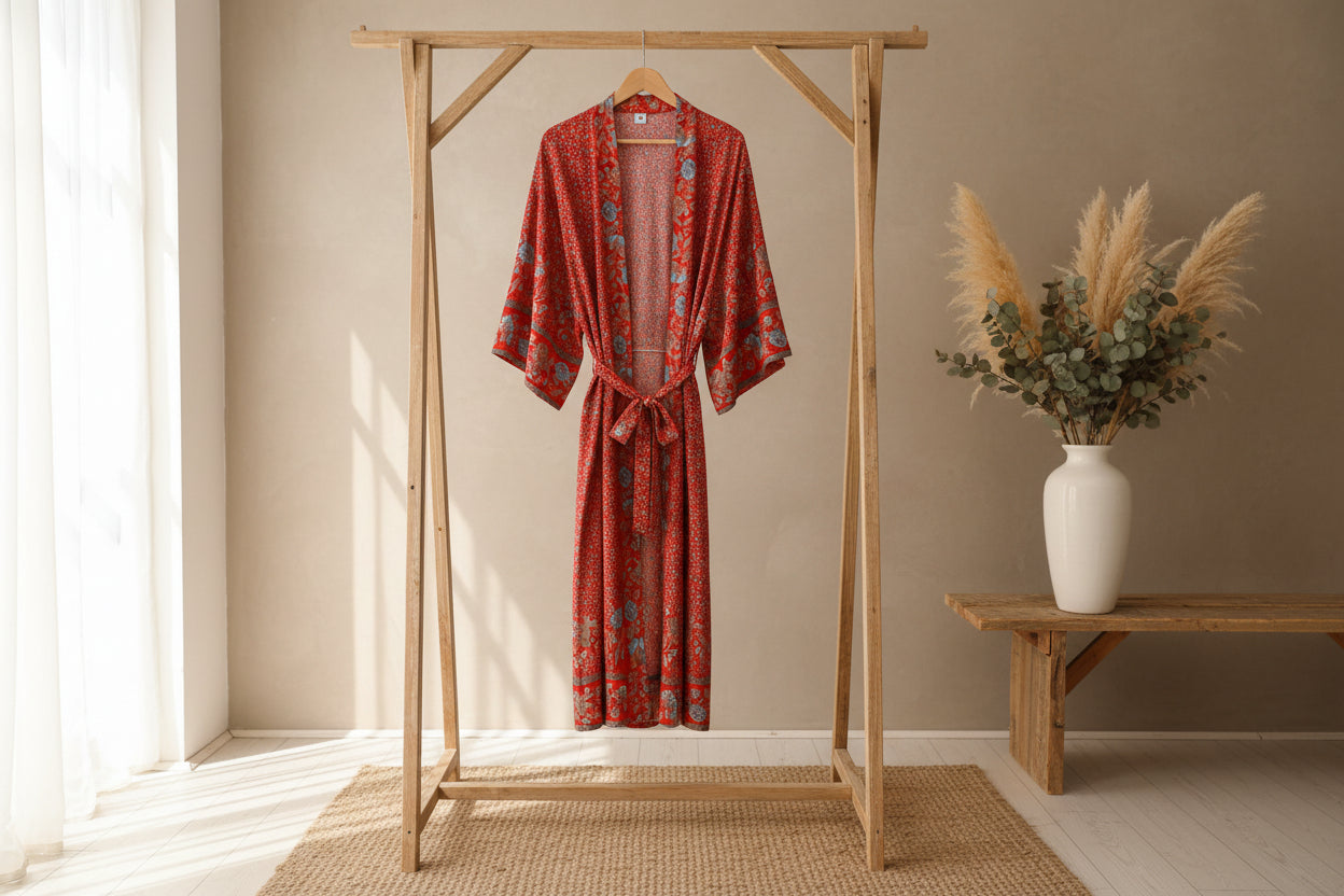 Autumn Ember: Boho-Kimono aus reiner Baumwolle mit Ethno-Saum & Vintage-Vibe