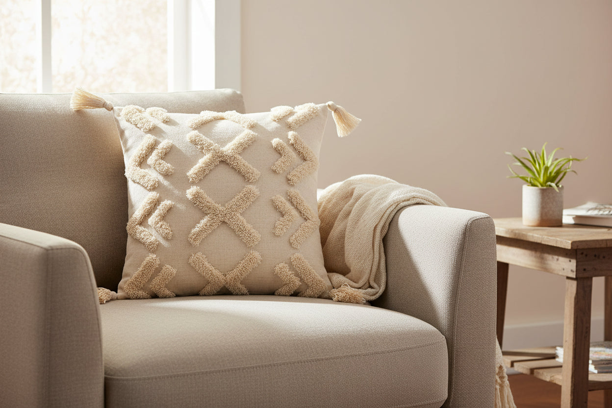 Creamy Texture – Boho-Kissenbezug mit Quasten-Details