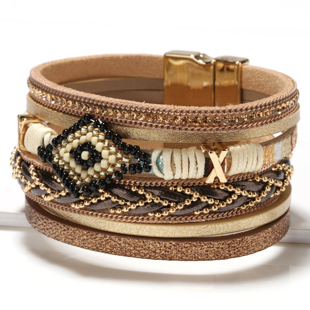 Mystic Eye: Mehrlagiges Lederarmband mit Strass & Schutzsymbol