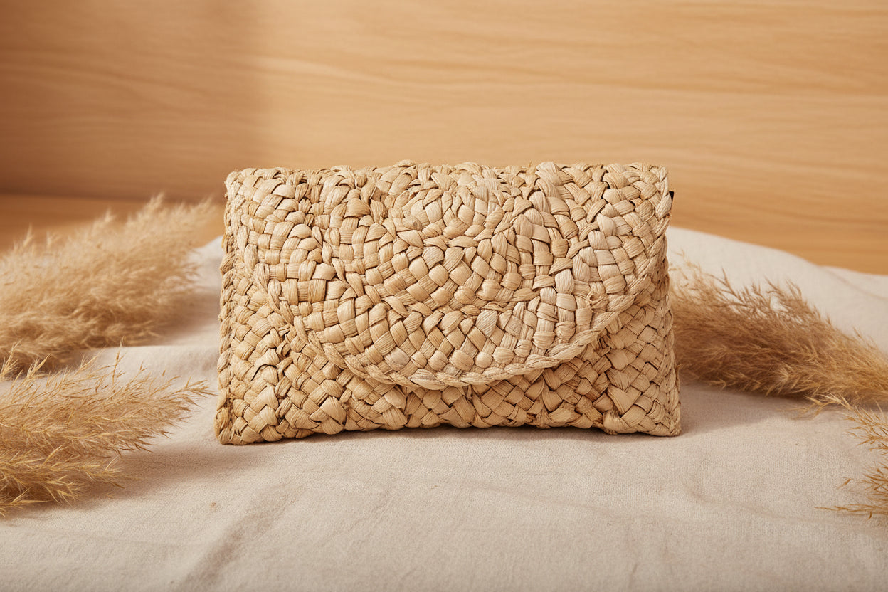 Summer Breeze: Handgeflochtene Boho-Clutch aus Naturstroh