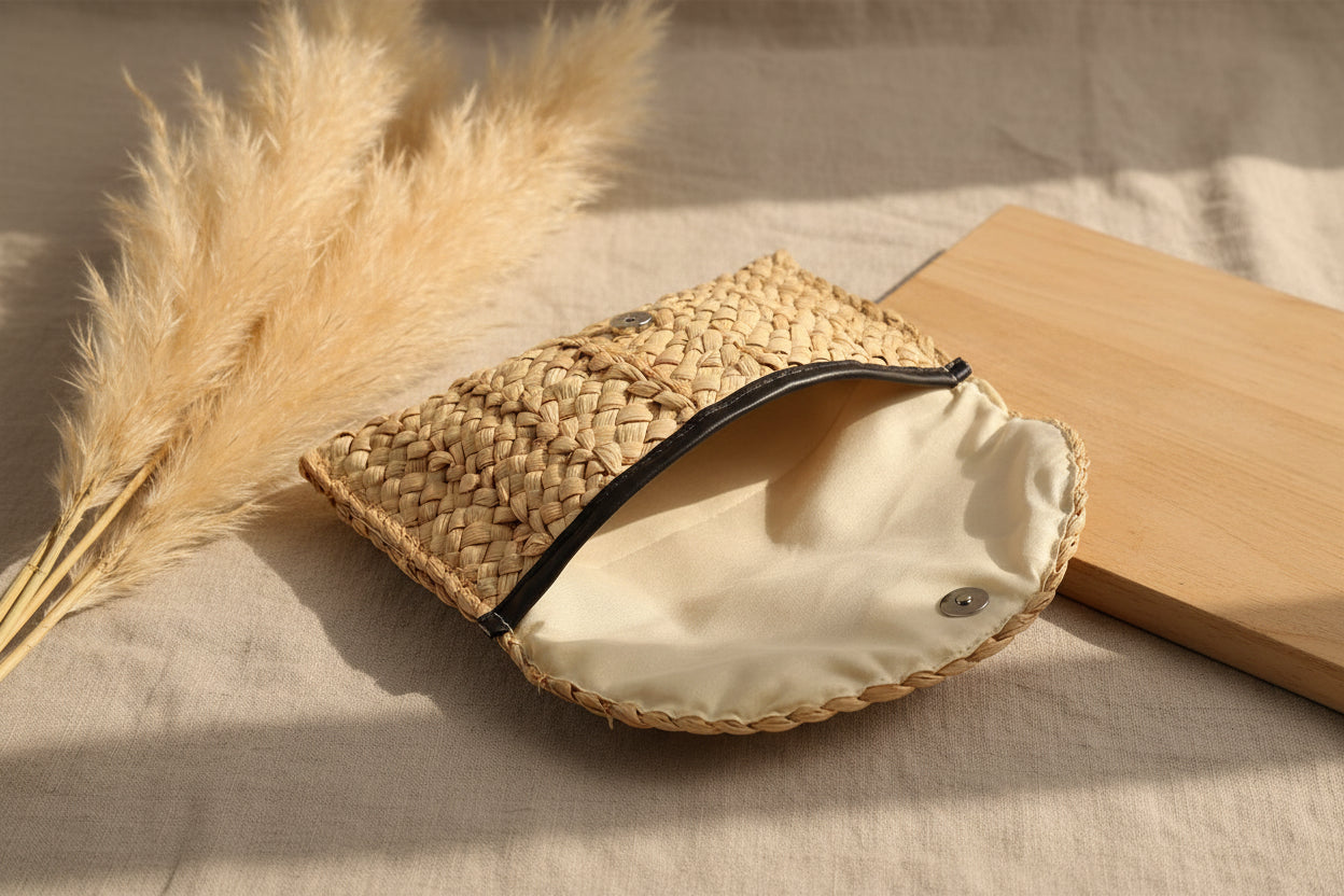 Summer Breeze: Handgeflochtene Boho-Clutch aus Naturstroh