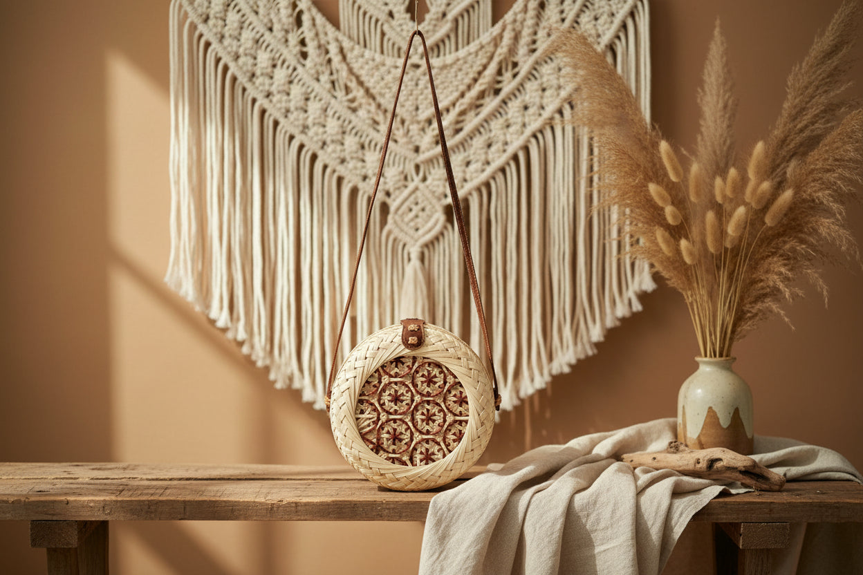 Boho-Strohtasche „Sun-Circle“ – Handgeflochtene Rundtasche
