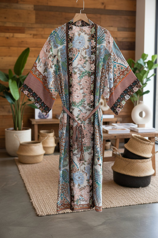 Crane Serenity: Bohemian Kimono-Robe mit kunstvollem Kranich-Print
