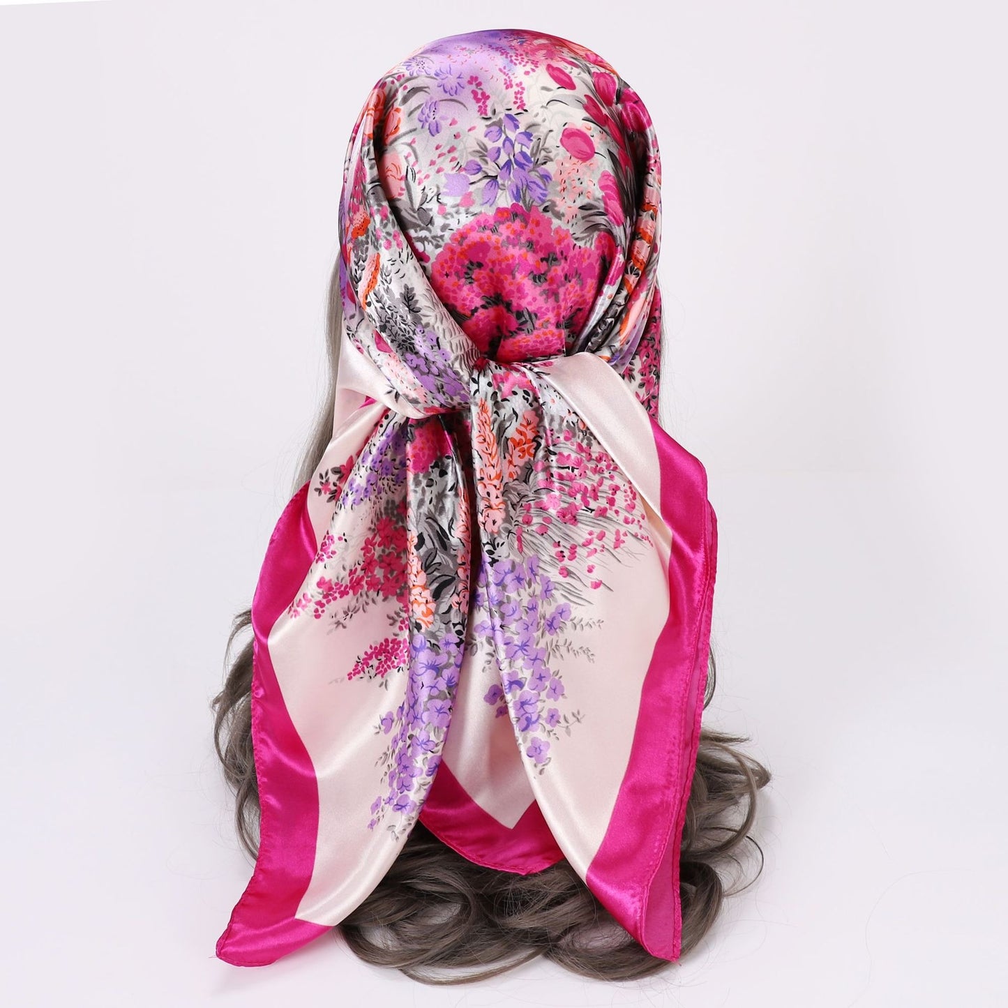 Großes Satin-Kopftuch mit Floral-Print – Quadratisches Seidengefühl-Halstuch & Boho-Haarschutz (90 x 90 cm)