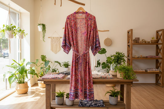 Indigo Bloom: Boho-Kimono aus reiner Baumwolle mit platziertem Blüten-Print