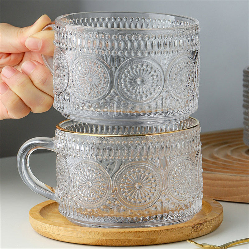 Sun Flower Embossed Glass Milk Cups