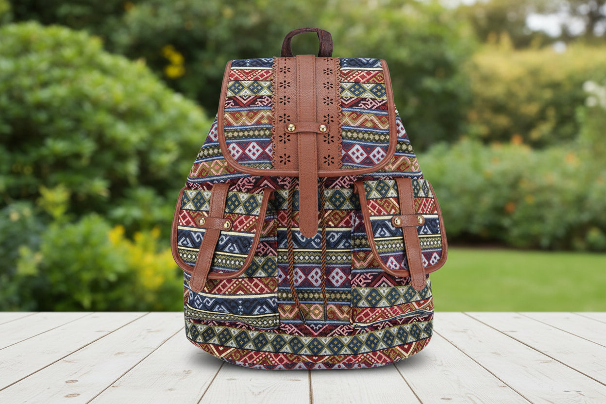 Ethnic Soul: Vintage Boho-Rucksack mit kunstvollem Webmuster & PU-Leder Details