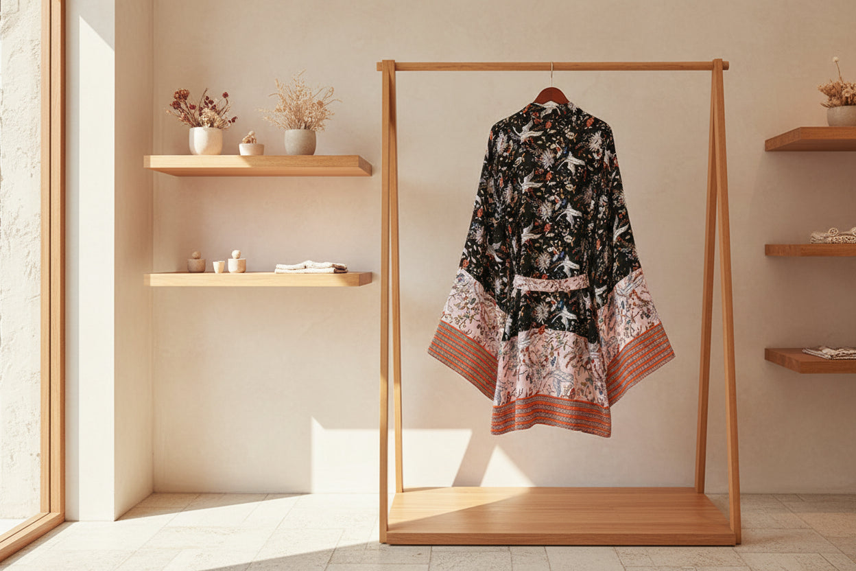 Midnight Crane: Kurzer Boho-Kimono aus Baumwoll-Mix mit edlem Kranich-Print