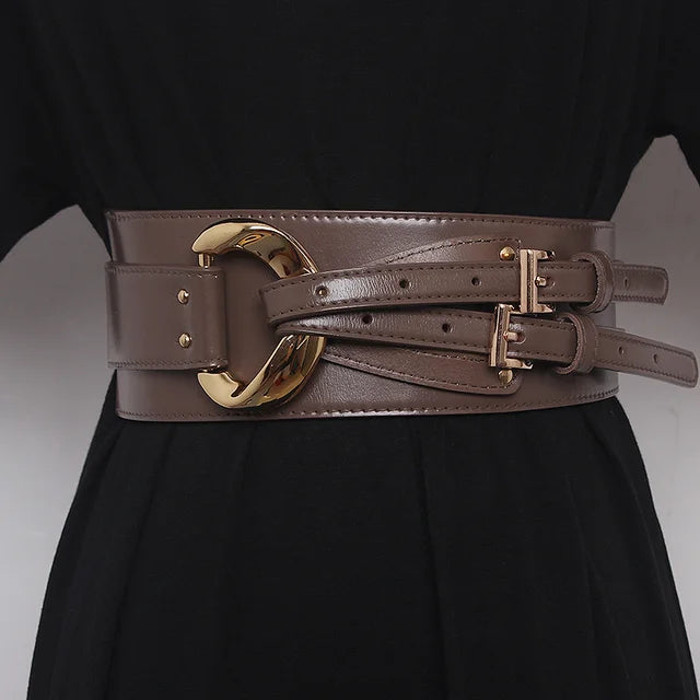 Asymmetrischer Breitschulter-Gürtel aus PU-Leder – Taillengürtel mit Doppel-Schnalle & Gold-Akzent in Apricot / Cognac
