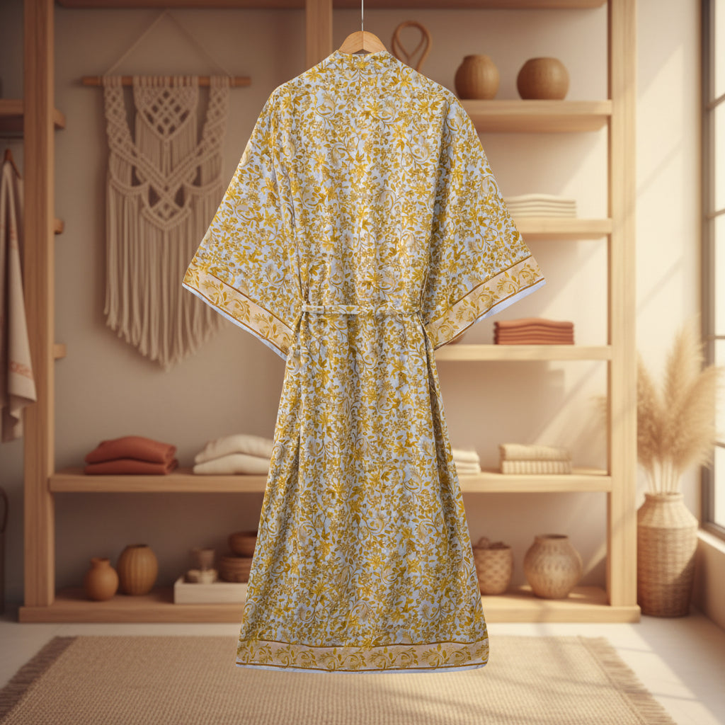 Golden Solstice: Langer Baumwoll-Kimono mit floralem Print & Holiday-Vibe