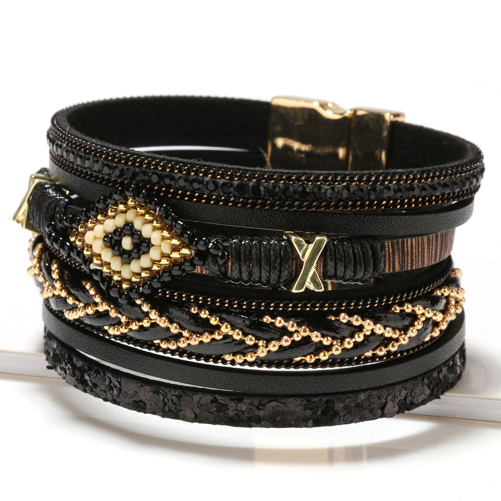 Mystic Eye: Mehrlagiges Lederarmband mit Strass & Schutzsymbol
