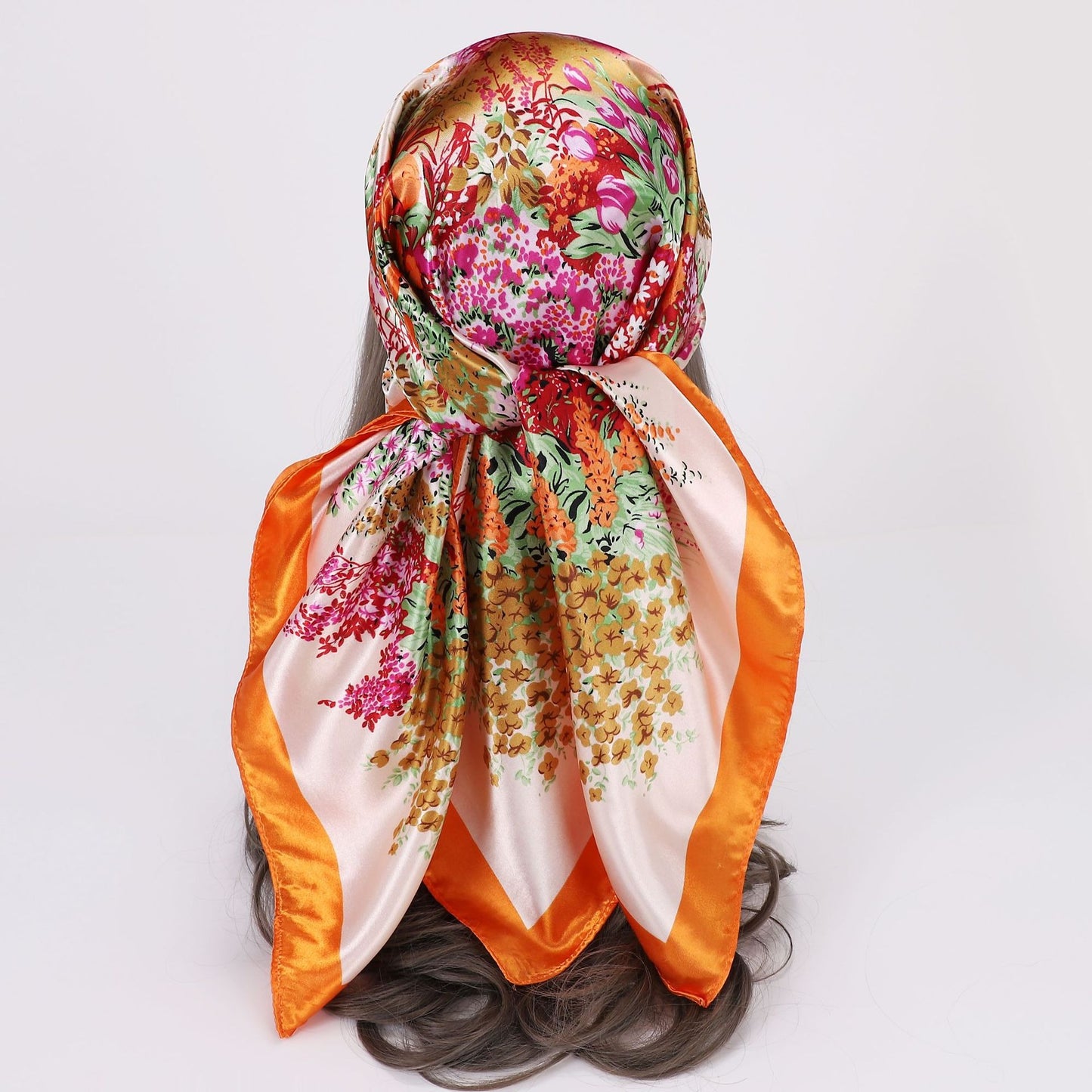 Großes Satin-Kopftuch mit Floral-Print – Quadratisches Seidengefühl-Halstuch & Boho-Haarschutz (90 x 90 cm)