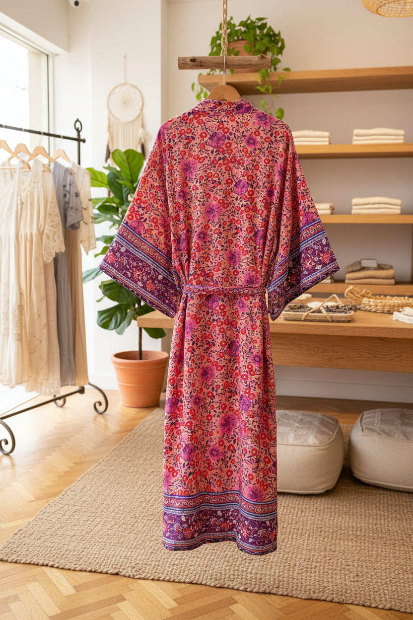 Indigo Bloom: Boho-Kimono aus reiner Baumwolle mit platziertem Blüten-Print