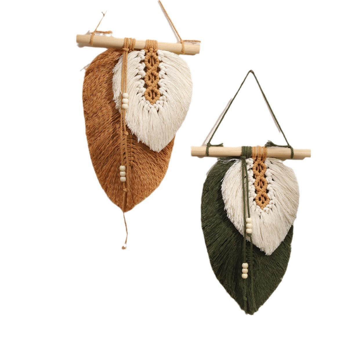 Makramee-Wandbehang „Duo-Blatt“ mit Holzperlen