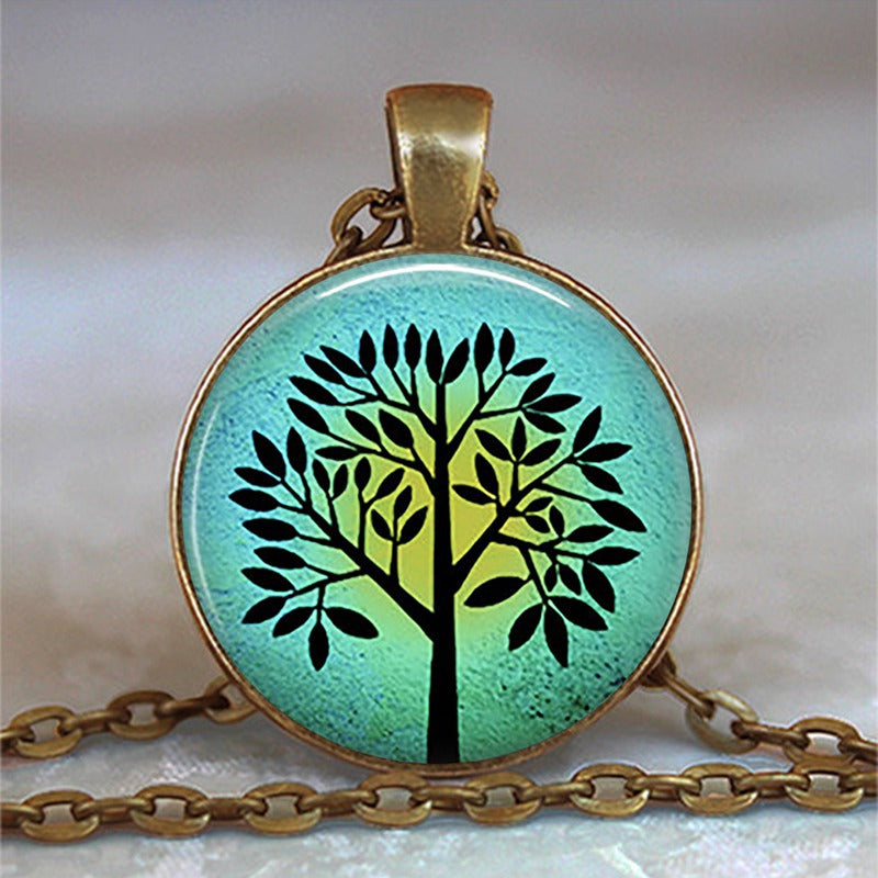 Tree Of Life Glass Cabochon Statement Necklace