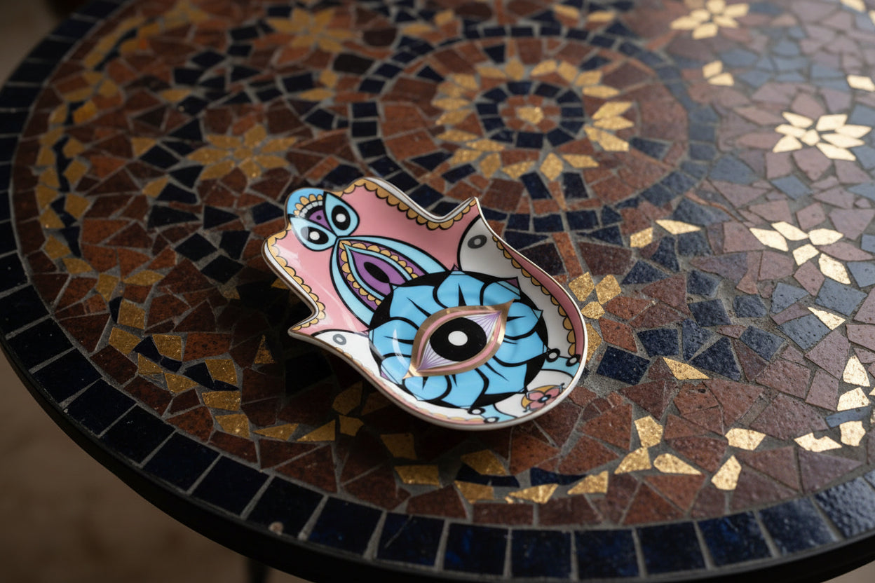 Hamsa Hand Dekoschale Schwarz & Gold – Schutzsymbol "Auge" als Schmuckablage für dein Boho-Home