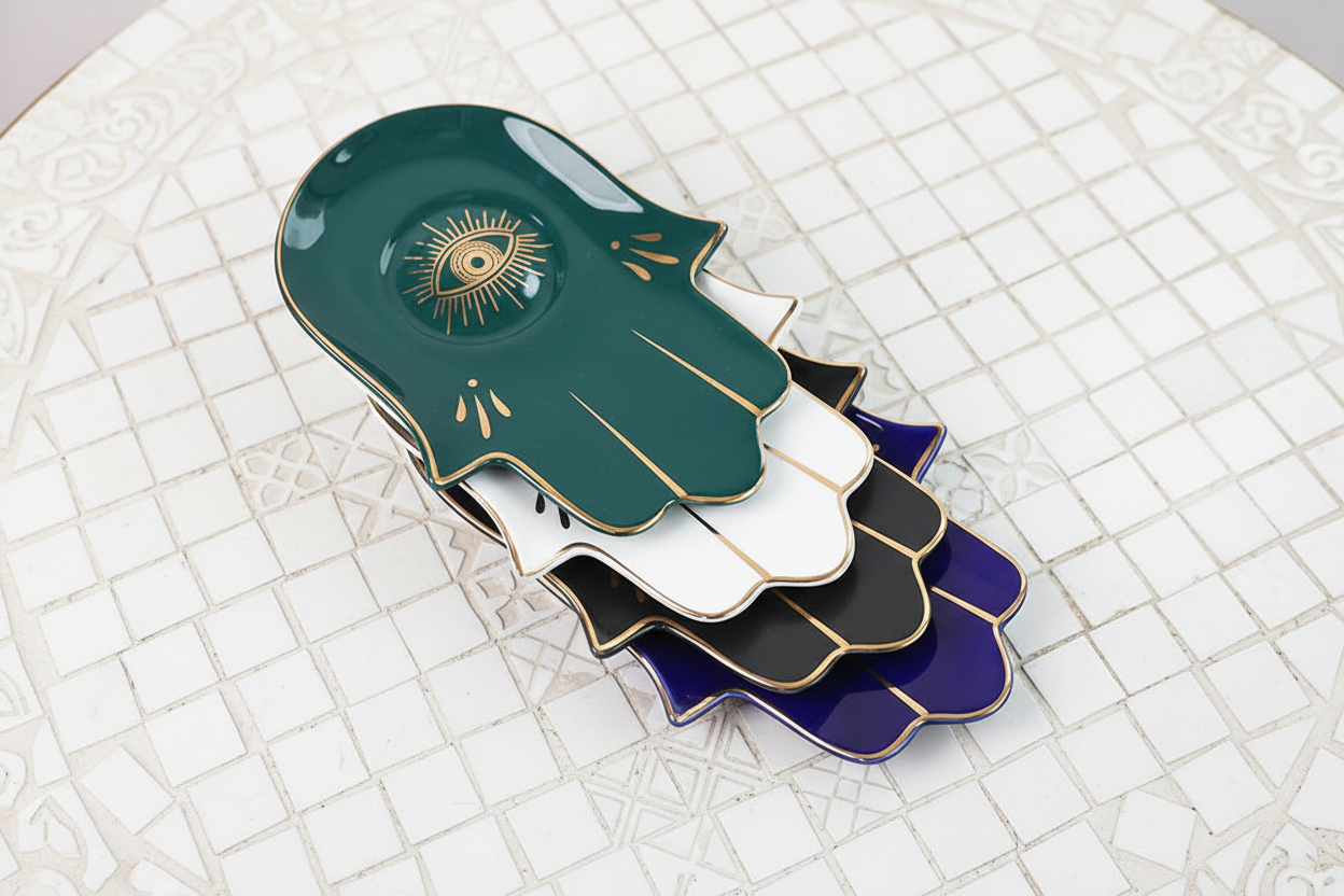 Hamsa Hand Dekoschale Schwarz & Gold – Schutzsymbol "Auge" als Schmuckablage für dein Boho-Home