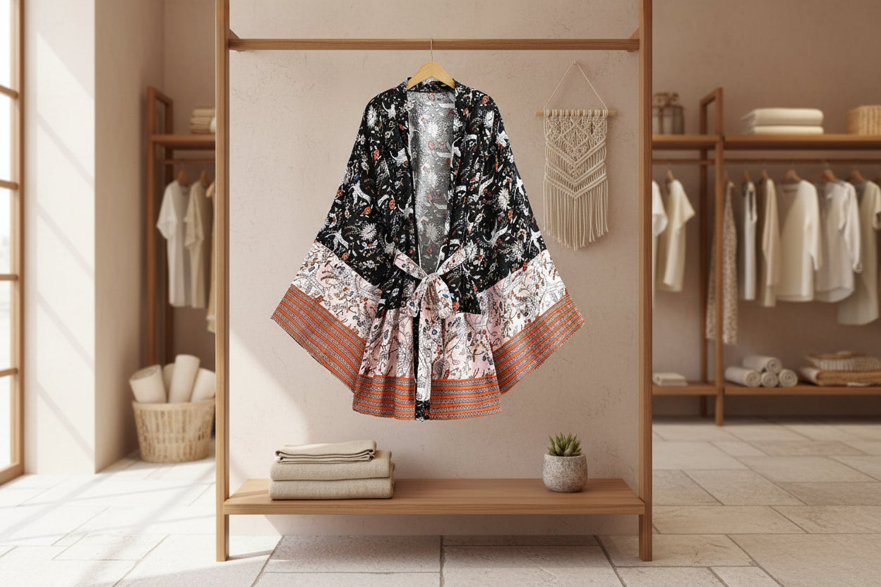 Midnight Crane: Kurzer Boho-Kimono aus Baumwoll-Mix mit edlem Kranich-Print