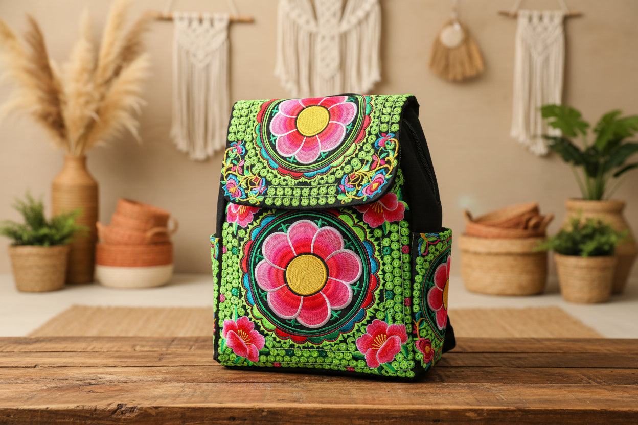 Midnight Blossom – Bestickter Vintage-Rucksack aus Baumwoll-Segeltuch